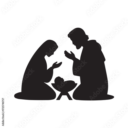 Silhouette of mary and joseph kneeling beside a manger with baby jesus, representing the nativity scene, isolated on white background technology background