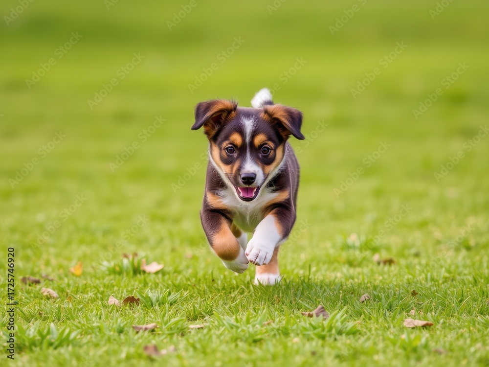 Obraz premium Energetic puppy runs freely through a green field, enjoying life immensely.