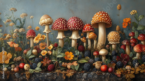 Mushroom garden with vibrant flowers and berries creating a colorful landscape in early autumn