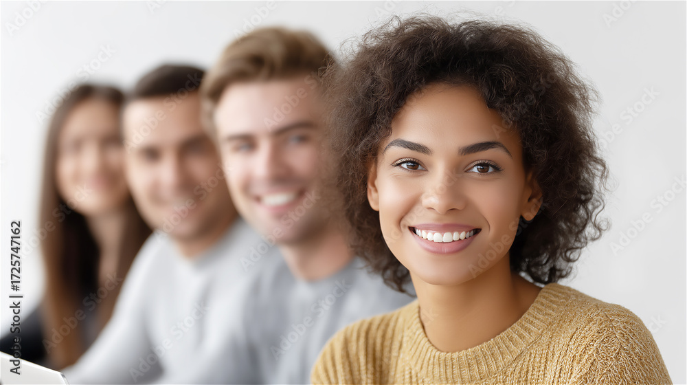 Fototapeta premium Portrait of smiling young woman with group of diverse people blurred in background, concept of leadership, inclusion, teamwork and confidence, modern lifestyle image.