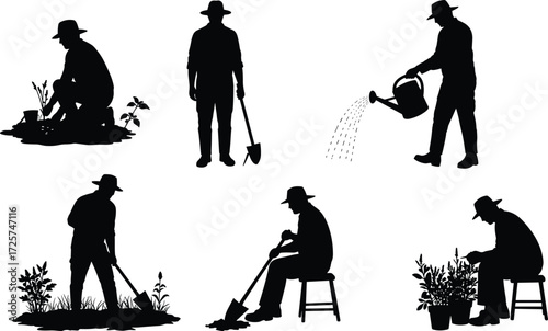 Gardening silhouette planting, watering, digging, hoeing, sitting on stool, tending plants, outdoor lifestyle, agriculture activity, nature care, vector illustration design