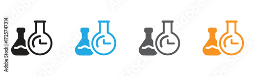 Science themed graphic icons featuring flasks with a time indicator for illustrating time-sensitive research, perfect for science, education, health and technology projects.