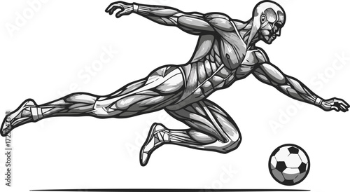 Anatomical illustration of a muscular male athlete in motion, kicking a soccer ball with dynamic energy and athletic form.