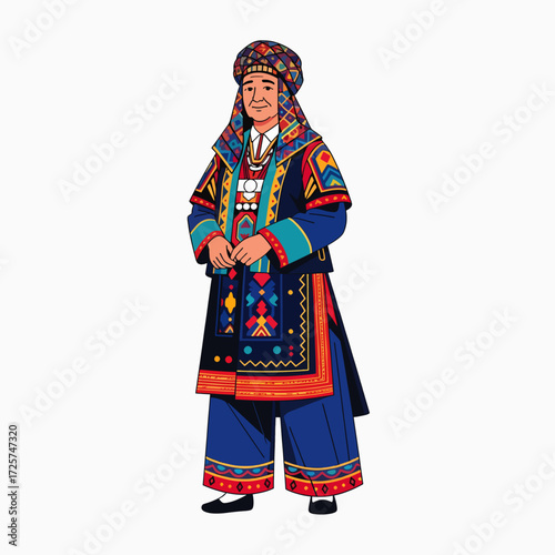 Traditional Siberian Indigenous People Wearing Elaborate Colorful Ethnic Clothing and Headdress