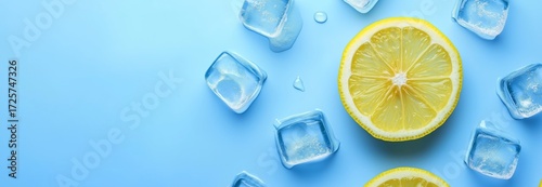 Fresh Lemon Slices and Ice Cubes on a Vibrant Blue Surface.