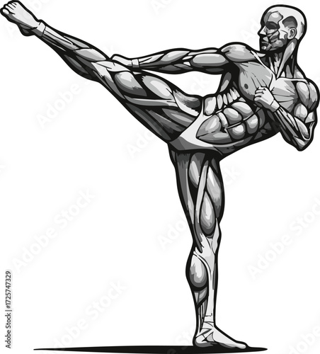 Anatomical illustration of a muscular male figure performing a dynamic side kick, showcasing detailed muscle structure and athletic pose.