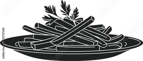 Black and white illustration of french fries on a plate with parsley garnish