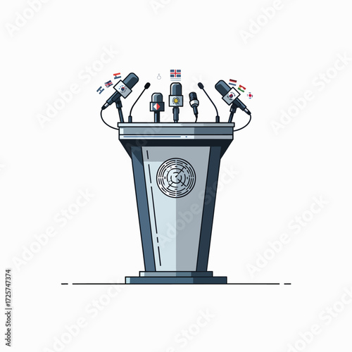 International Press Conference Podium with Microphones and Flags for Global Communication and Diplomacy Events