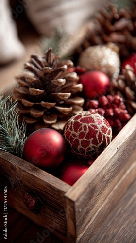 Festive Wooden Box Filled With Red Ornaments and Pinecones for Holiday Decora...