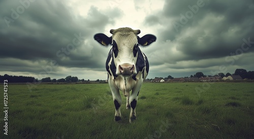 Cow Standing in Green Field Under Cloudy Sky Near Small Village at Dusk