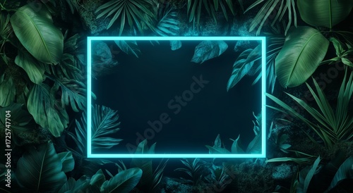 Green Foliage Backdrop With Neon Frame for Creative Projects or Displays in a...