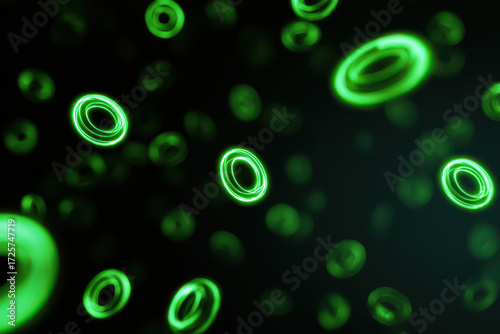 Glowing green energy symbols float in darkness, creating abstract and futuristic scene