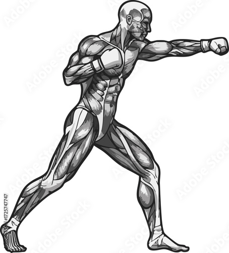 Anatomical illustration of a muscular male boxer in a dynamic fighting stance, demonstrating the intricate details of human musculature during a punch.