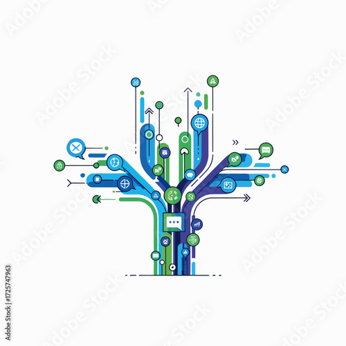 Abstract illustration of digital network flow and data connections evolving interconnected pathways with technology icons