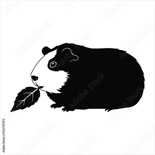 Cute guinea pig silhouette holding a fresh green leaf in its mouth simple design
