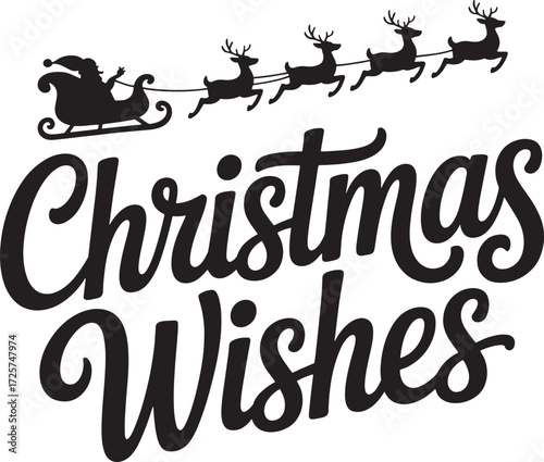 Festive christmas wishes text with santa's sleigh and reindeer flying silhouette