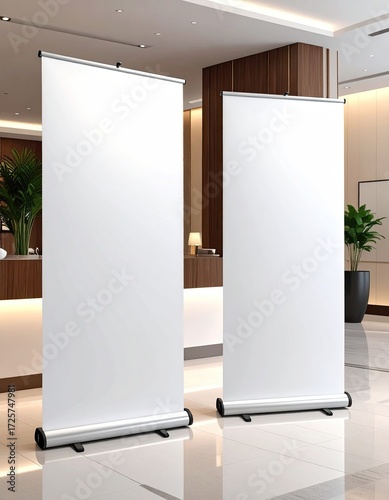 Two blank retractable banners in a modern lobby