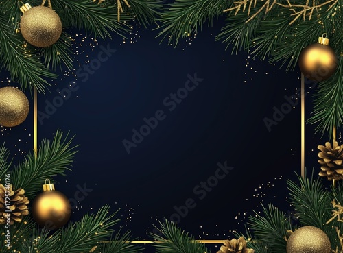 Festive Decorations With Green Pine Branches and Golden Ornaments for Holiday...