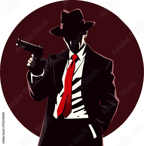Stylized Noir Gangster Vector – Man in Fedora, Red Tie, and Classic Suit Pointing Gun with Dramatic Shadow Illustration