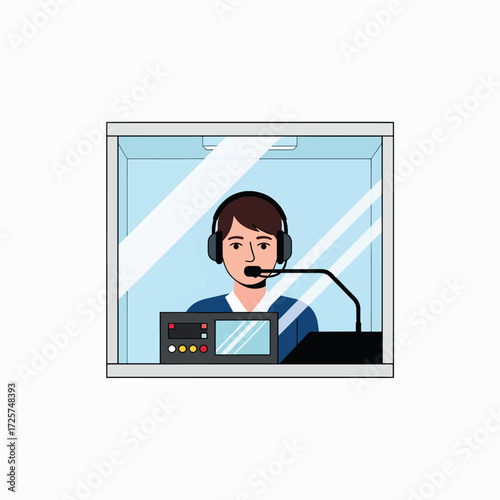 Professional Interpreter Working in a Soundproof Booth With Modern Equipment And A Microphone