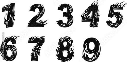 A set of black stylized numbers from one to nine, featuring a dynamic fiery or liquid-like effect, presented on a clean white background.