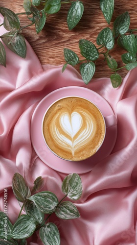 Coffee Cup With Heart Latte Art and Flowers on a Pink Fabric Background.