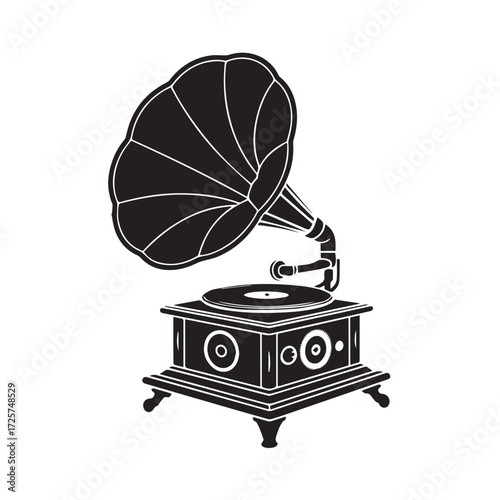 Vintage gramophone with a large horn, isolated on white background technology background