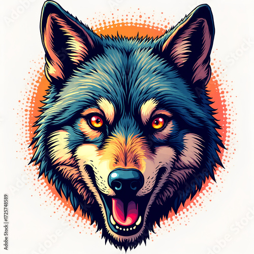 Stylized wolf mask with a fierce expression and vibrant colors