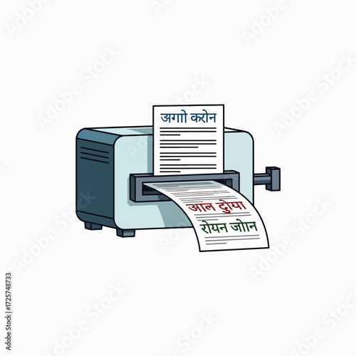 Illustration of a document shredder processing papers with Hindi text on them a metaphor for destruction of information or secrets