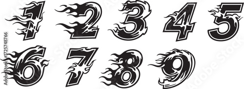 A set of black and white numbers from one to nine, each stylized with dynamic flames, suggesting speed and power.