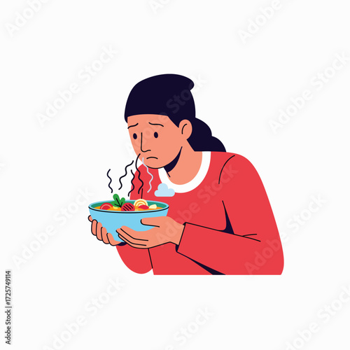 Person with a bowl of food smelling something unpleasant and looking disgusted