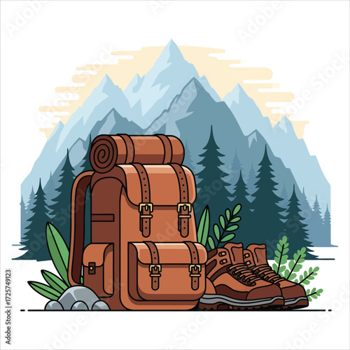 Minimalist Backpack & Boots with Mountain Silhouette