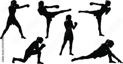 Kickboxing silhouette martial arts poses, high kick, fighting stance, punching, kneeling, stretching, athlete training, combat sport, fitness vector illustration