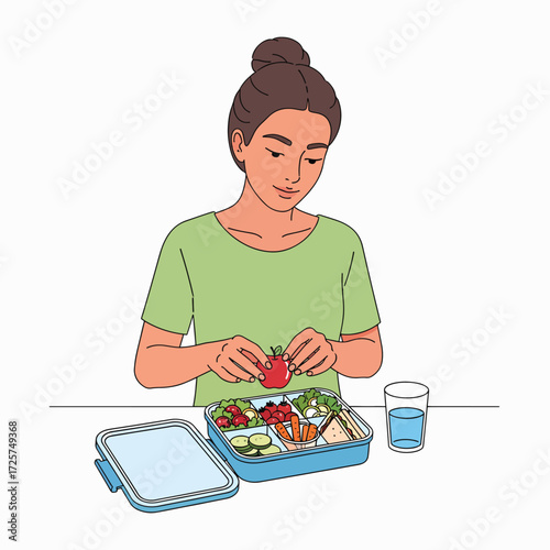 A young woman is preparing a healthy balanced lunchbox with fresh vegetables and food for a nutritious meal