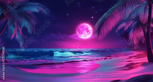 Vibrant Moonlit Beach Scene With Palm Trees and a Colorful Night Sky