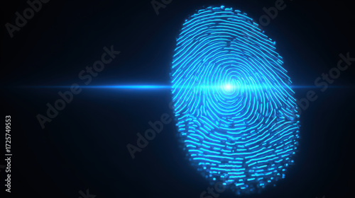Blue neon fingerprint scan glowing in dark, symbolizing digital security
