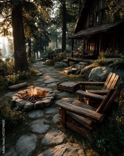 A fire pit is in front of a house with a porch