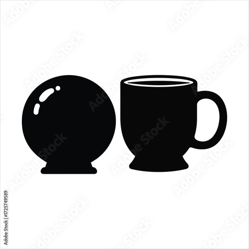 Mystical orb and coffee mug silhouette icons representing fortune telling and daily rituals