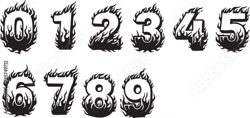 Flaming numerals zero through nine, a fiery font design.