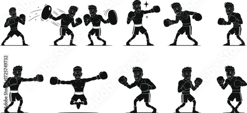 Boxing fighter silhouette vector set, training punching sparring icons, martial arts workout illustrations, kickboxing exercise clipart, combat sports graphics
