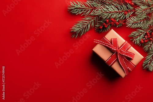 Beautiful Gift Box With Ribbon on Red Background With Pine Branches and Berries