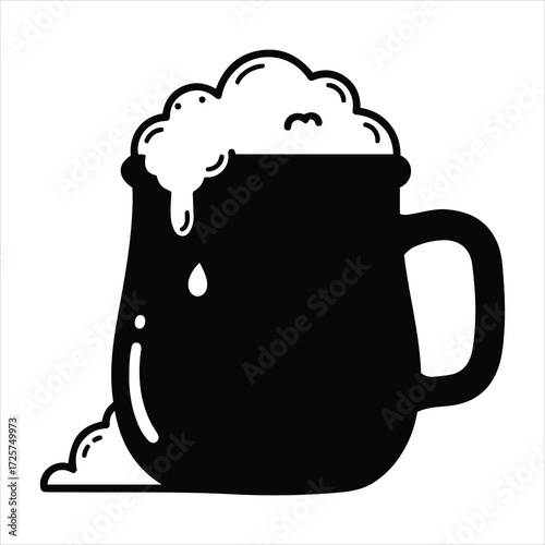 Foamy beer mug overflowing with fresh brew and bubbles in a bold graphic style