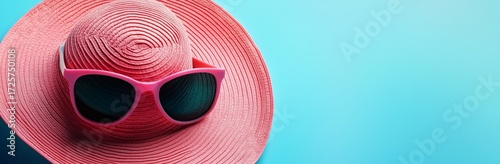 Stylish Pink Sunglasses Resting on a Round Straw Hat Against a Bright Blue Ba...