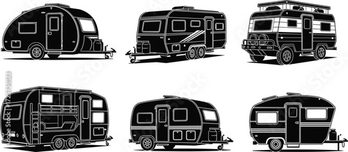 Caravan vector set, camper trailer silhouettes, RV motorhome icons, camping vehicle illustrations, travel trailer graphics, holiday road trip designs