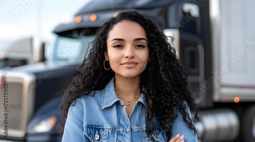 Confident Female Truck Driver Portrait with Big Rig
