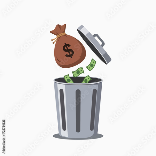 Financial Waste Money Bag and Bills Being Discarded into a Trash Can