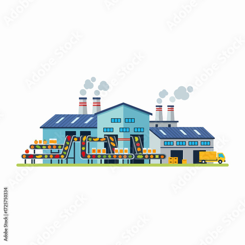 Modern industrial factory with automated conveyor belts processing fresh fruits and vegetables for distribution