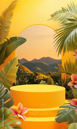 Bright and Vibrant Tropical Scene With Mountains and Lush Foliage at Sunset