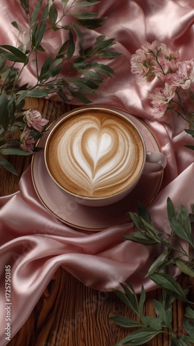 Coffee Cup With Heart Latte Art and Flowers on a Pink Fabric Background