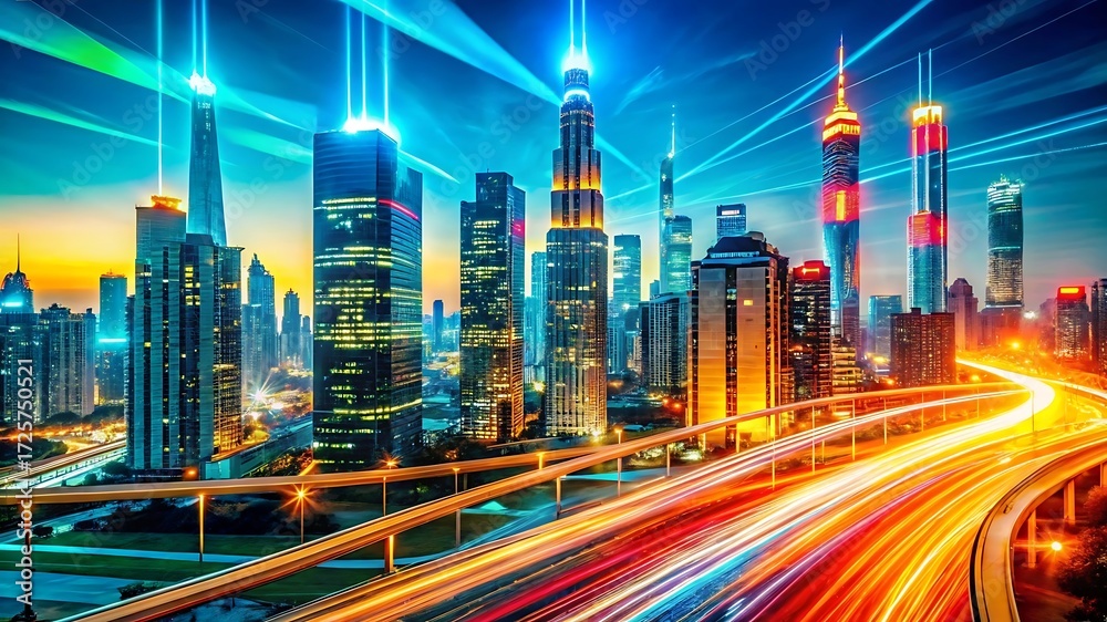 Obraz premium Vibrant Night Cityscape: Futuristic Skyscrapers, Illuminated Highway, Dynamic Light Trails, Modern Architecture, Technological Advancement, Urban Development, Progressive City, Speed and Progress